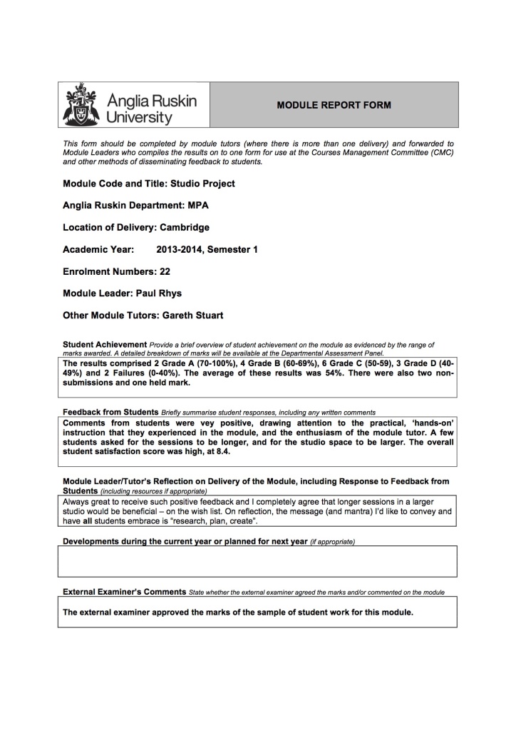 MODULE REPORT FORM - Studio Project 2013-14